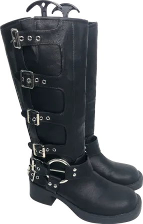 Ego Black Buckle-down Side Buckle Mid Calf Biker Boot In Faux Leather UK 5 EU 38 👠